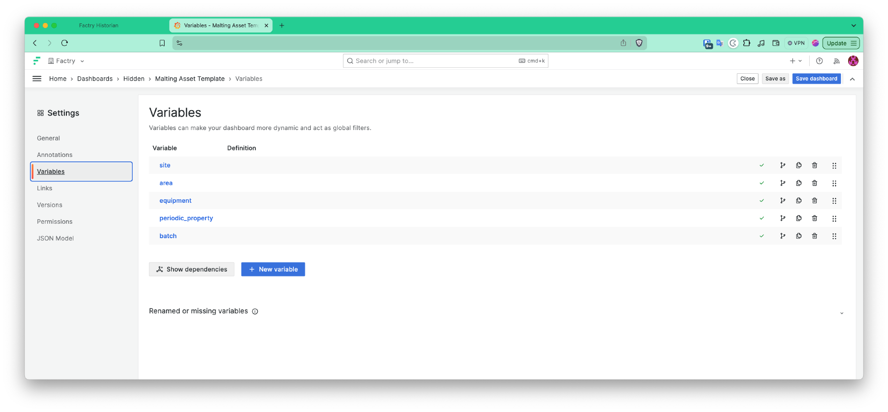 Setting up a dashboard using Factry Historian Asset Type variables