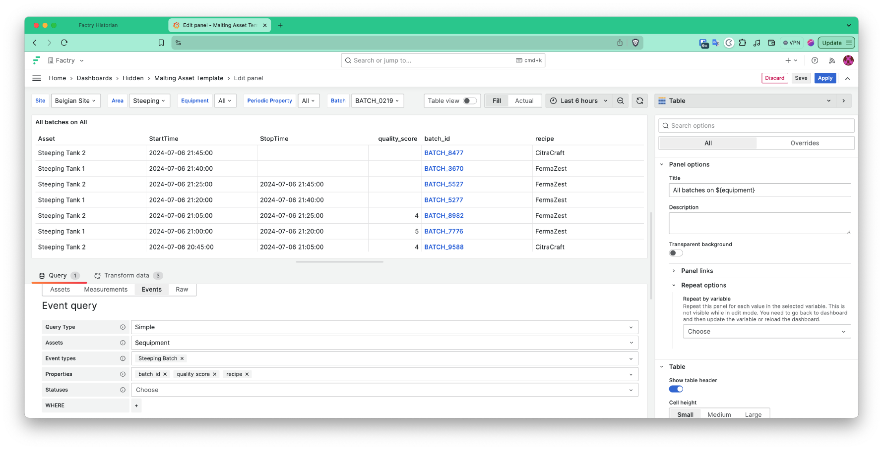 Creating a table panel with the Factry Historian data source