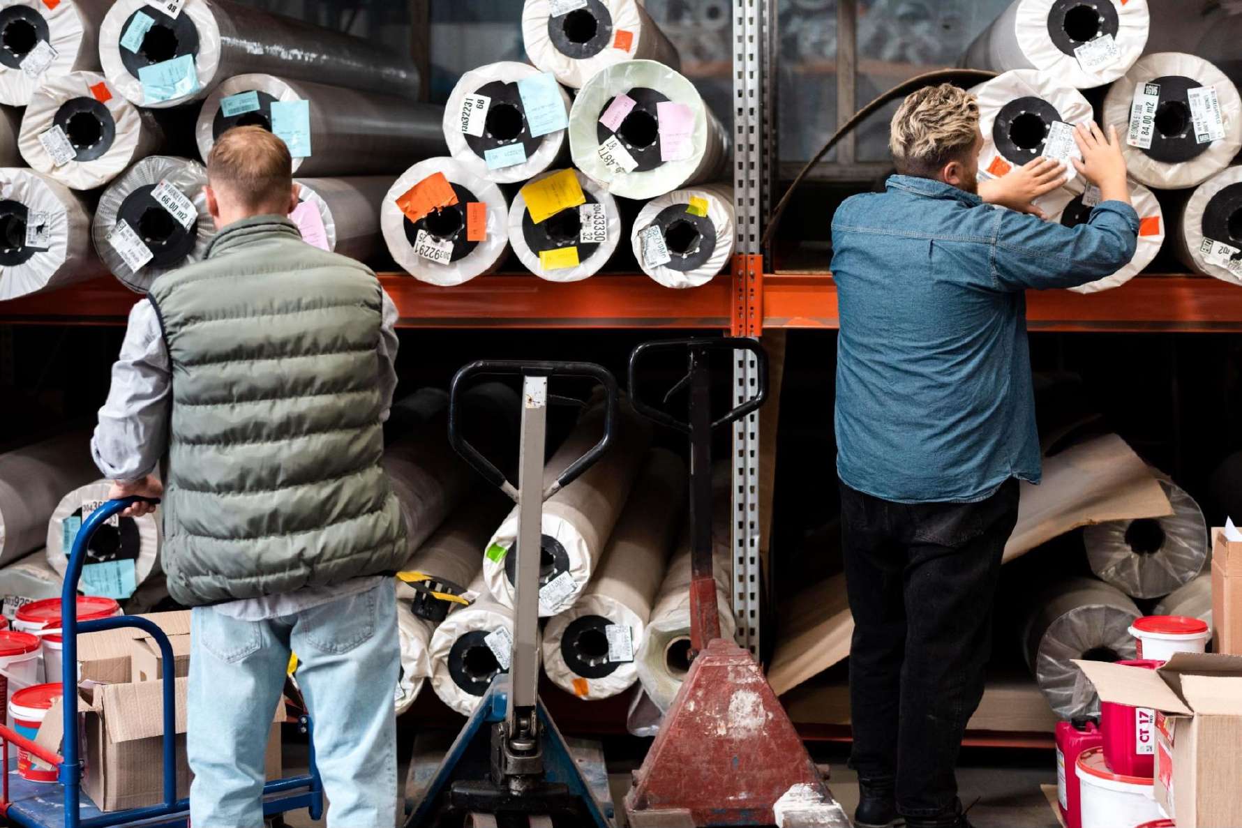 Textile rolls in a warehouse